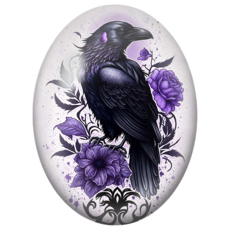 Cabochon en Verre Illustré Corbeau aux Fleurs Violettes 13x18, 18x25 ou 30x40mm