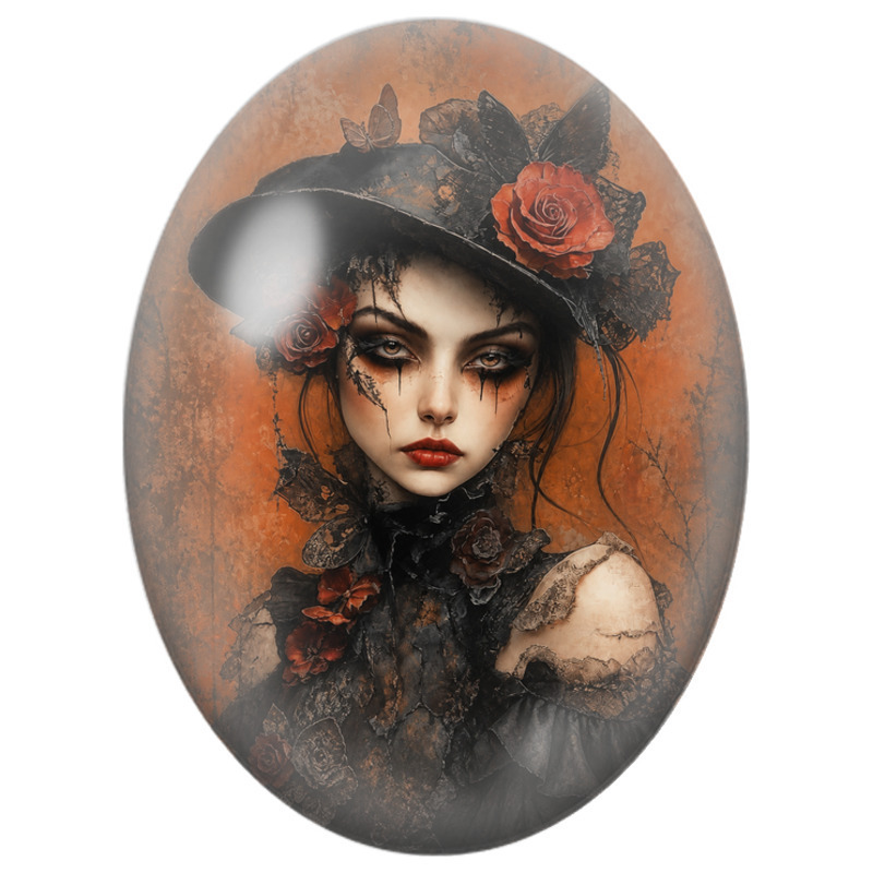 Cabochon en Verre Illustré Femme Gothique aux Roses d’Automne 13x18, 18x25 ou 30x40mm
