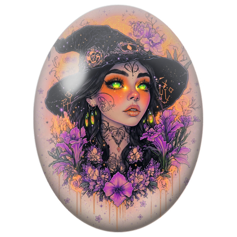 Cabochon en Verre Illustré Sorcière aux Yeux Verts et Fleurs Violettes 13x18, 18x25 ou 30x40mm