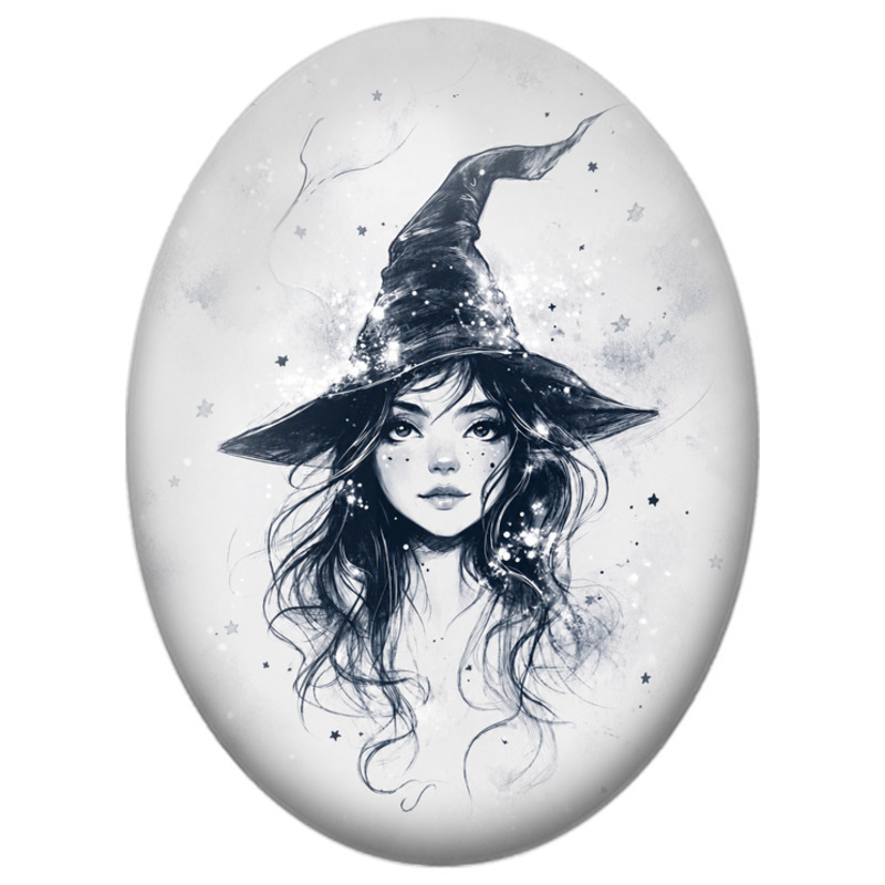 Cabochon en Verre Illustré Jeune Sorcière aux Étoiles 13x18, 18x25 ou 30x40mm