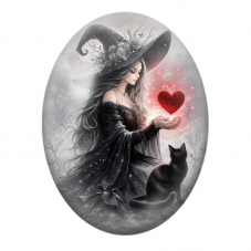 Cabochon en Verre Illustré Sorcière Argentée au Cœur Rouge et Chat Noir pour la Création de Bijoux Fantaisie - DIY
