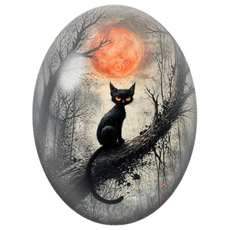 Cabochon en Verre Illustré Chat Noir aux Yeux Orange sous la Lune 13x18, 18x25 ou 30x40mm