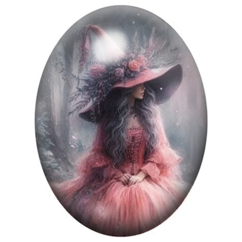 Cabochon en Verre Illustré Sorcière Rose au Chapeau Fleuri 13x18, 18x25 ou 30x40mm