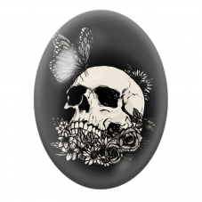 Cabochon en Verre Illustré Crâne au Papillon et Fleurs Noires pour la Création de Bijoux Fantaisie - DIY