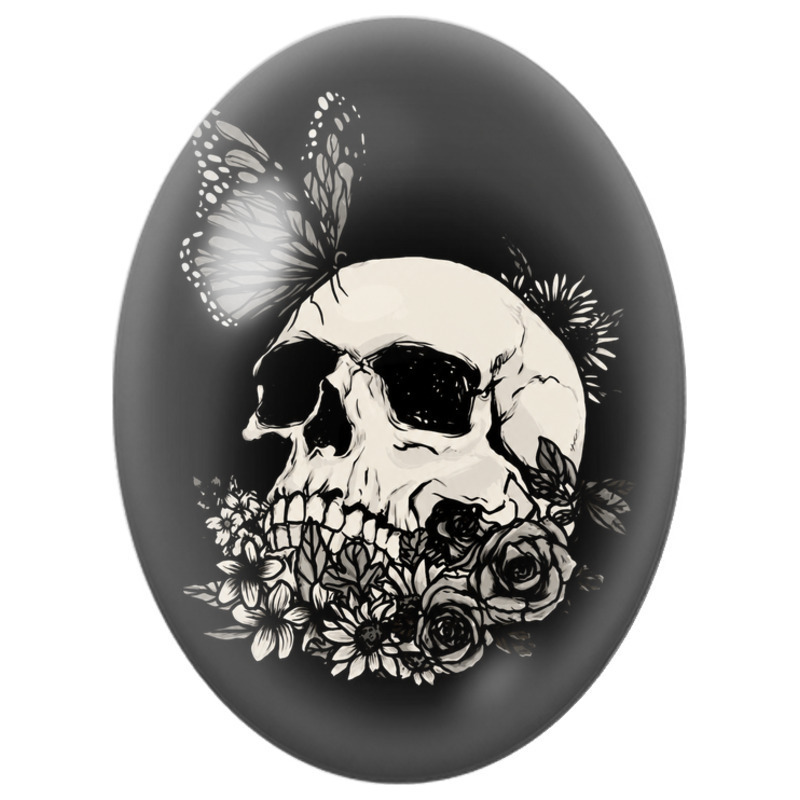 Cabochon en Verre Illustré Crâne au Papillon et Fleurs Noires 13x18, 18x25 ou 30x40mm