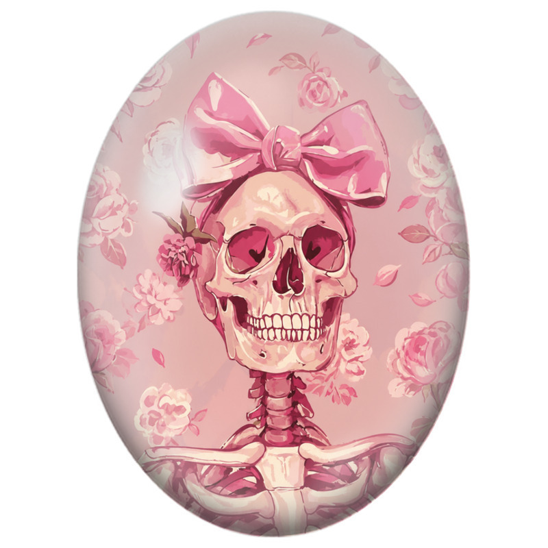 Cabochon en Verre Illustré Crâne Rose au Grand Nœud Brillant 13x18, 18x25 ou 30x40mm