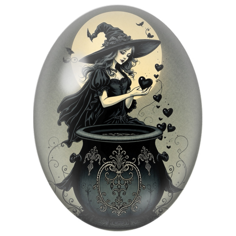 Cabochon en Verre Illustré Sorcière au Chaudron de Cœurs Noirs 13x18, 18x25 ou 30x40mm