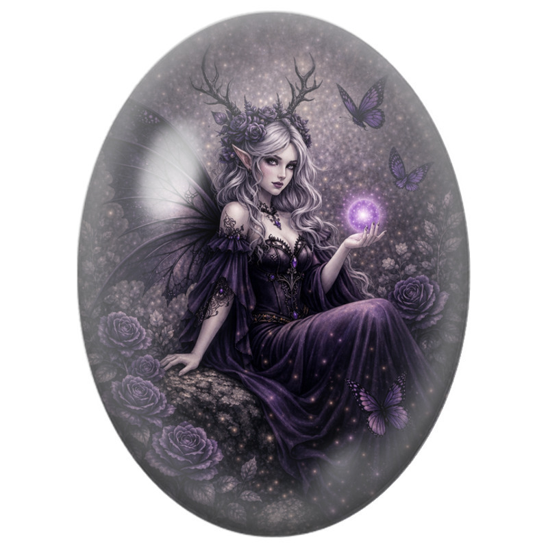 Cabochon en Verre Illustré Fée Violette aux Bois et Orbe Magique 13x18, 18x25 ou 30x40mm