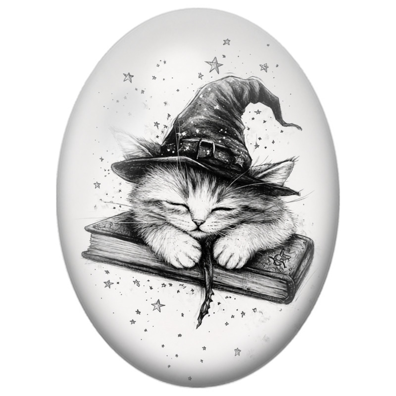 Cabochon en Verre Illustré Chat Sorcier Endormi sur un Grimoire 13x18, 18x25 ou 30x40mm