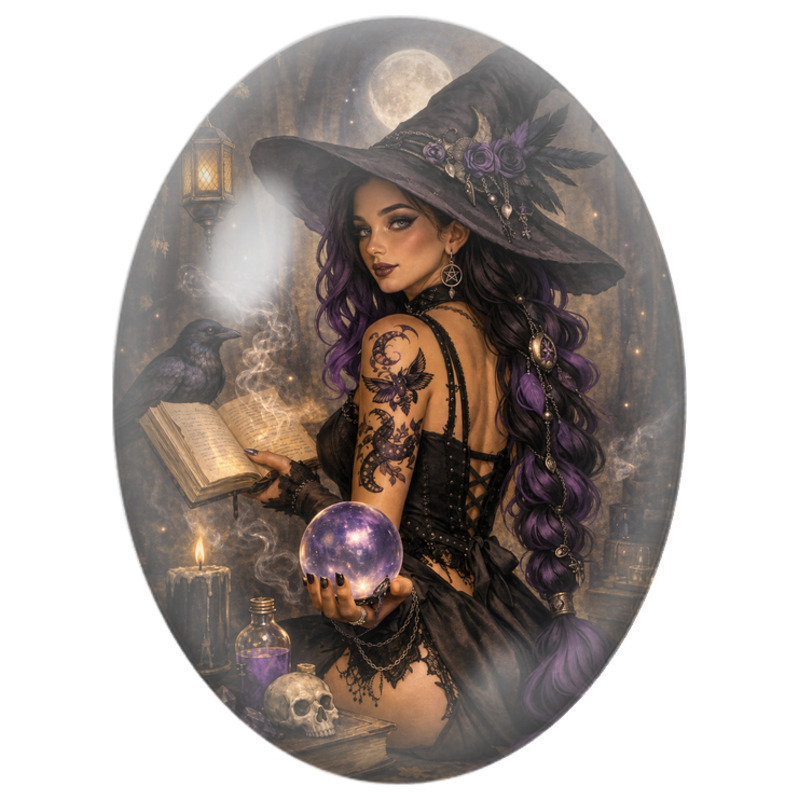Cabochon en Verre Illustré Sorcière Tatouée à la Boule de Cristal 13x18, 18x25 ou 30x40mm