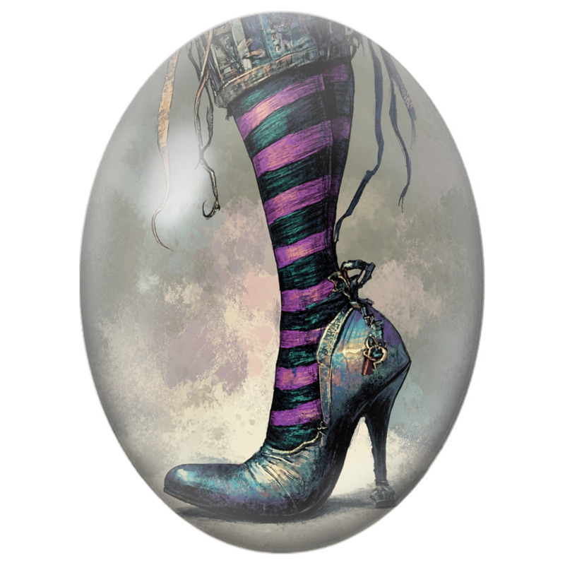 Cabochon en Verre Illustré Chaussure Gothique au Bas Rayé Violet 13x18, 18x25 ou 30x40mm