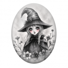 Cabochon en Verre Illustré Petite Sorcière au Nœud Noir et Fleurs pour la Création de Bijoux Fantaisie - DIY