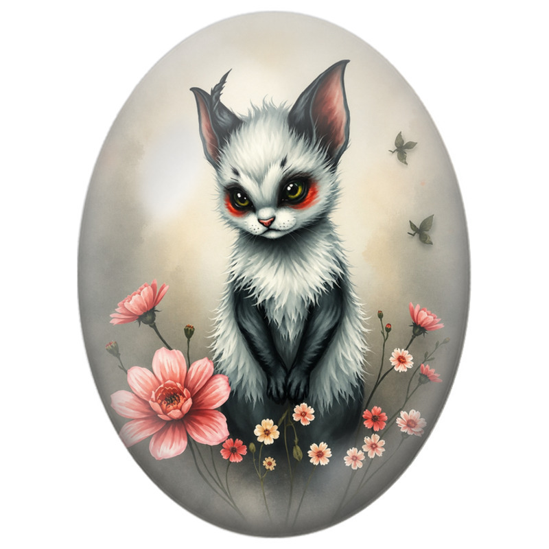 Cabochon en Verre Illustré Chat Fantastique aux Fleurs Corail 13x18, 18x25 ou 30x40mm
