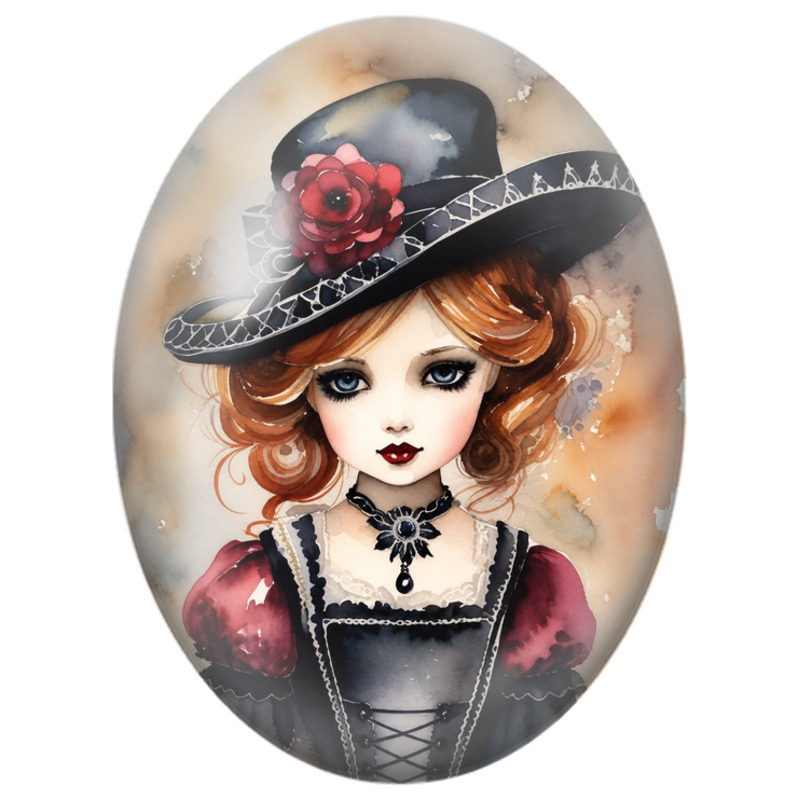 Cabochon en Verre Illustré Sorcière Rousse au Chapeau Fleuri Rouge 13x18, 18x25 ou 30x40mm