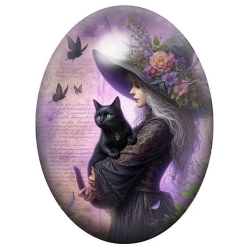 Cabochon en Verre Illustré Sorcière au Chat Noir et Papillons Violets 13x18, 18x25 ou 30x40mm
