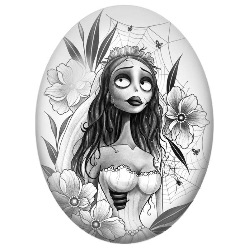 Cabochon en Verre Illustré Mariée Fantôme aux Fleurs et Toiles 13x18, 18x25 ou 30x40mm
