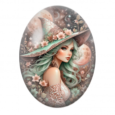 Cabochon en Verre Illustré Sorcière aux Cheveux Verts et Fleurs Célestes pour la Création de Bijoux Fantaisie - DIY