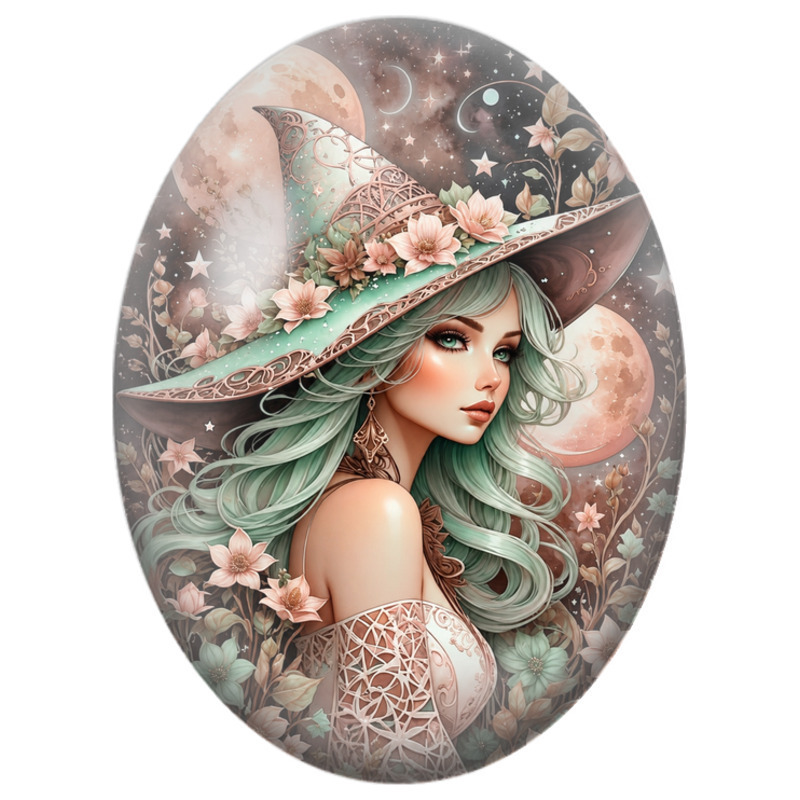 Cabochon en Verre Illustré Sorcière aux Cheveux Verts et Fleurs Célestes 13x18, 18x25 ou 30x40mm