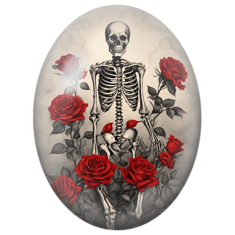 Cabochon en Verre Illustré Squelette aux Roses Rouges 13x18, 18x25 ou 30x40mm