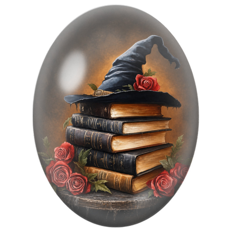 Cabochon en Verre Illustré Chapeau de Sorcière sur Livres et Roses 13x18, 18x25 ou 30x40mm