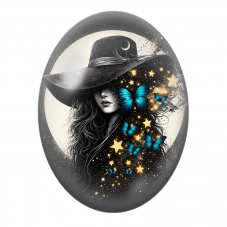 Cabochon en Verre Illustré Sorcière aux Papillons Bleus et Étoiles Dorées pour la Création de Bijoux Fantaisie - DIY