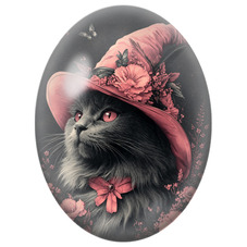 Cabochon en Verre Illustré Chat Noir au Chapeau Rose Fleuri pour la Création de Bijoux Fantaisie - DIY