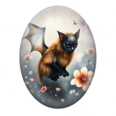 Cabochon en Verre Illustré Chat Chauve-Souris aux Fleurs Orange pour la Création de Bijoux Fantaisie - DIY