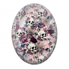 Cabochon en Verre Illustré Crânes et Fleurs sur Fond Rose pour la Création de Bijoux Fantaisie - DIY