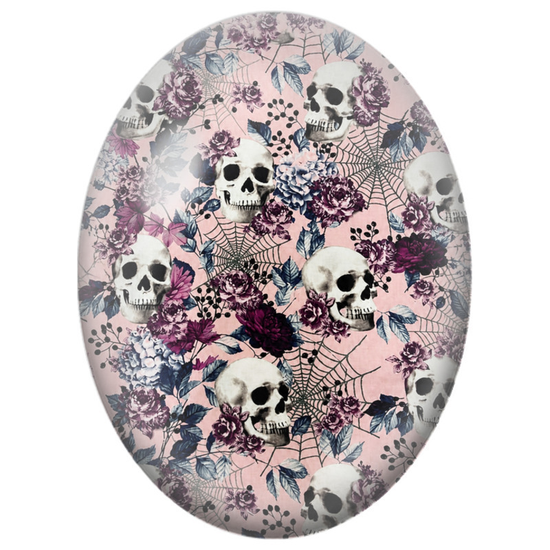 Cabochon en Verre Illustré Crânes et Fleurs sur Fond Rose 13x18, 18x25 ou 30x40mm