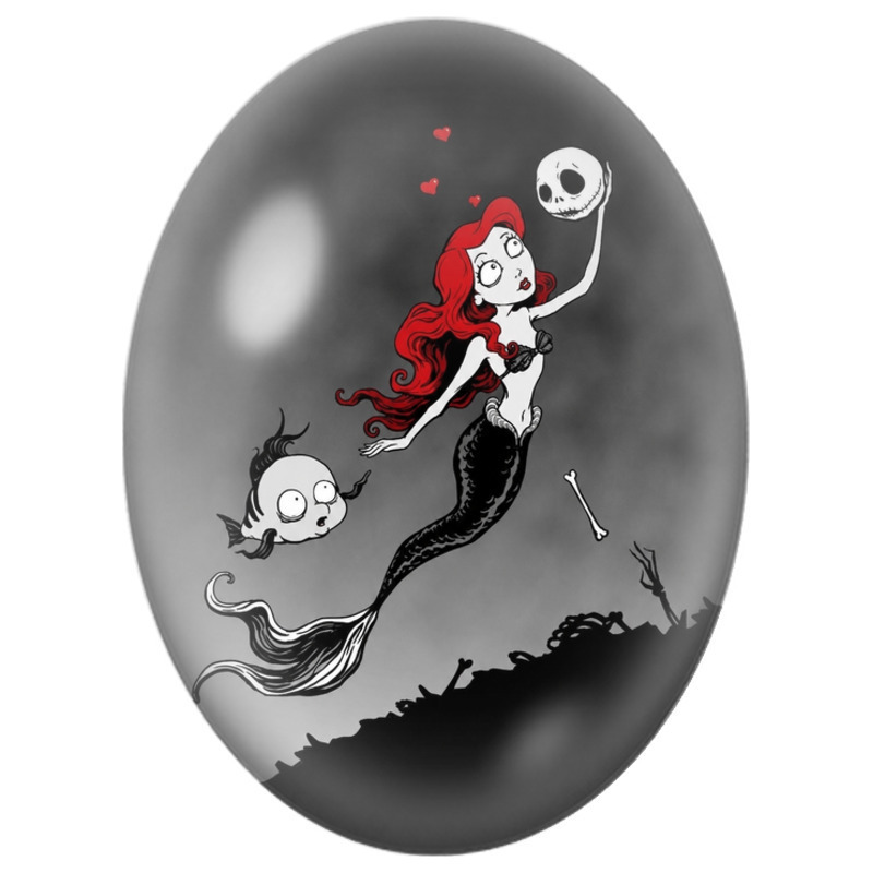 Cabochon en Verre Illustré Sirène Rousse au Crâne 13x18, 18x25 ou 30x40mm