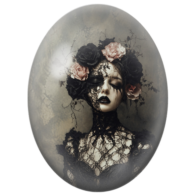 Cabochon en Verre Illustré Femme Gothique à la Couronne de Roses 13x18, 18x25 ou 30x40mm