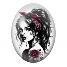 Cabochon en Verre Illustré Femme Rock au Bandana et Rose Rouge pour la Création de Bijoux Fantaisie - DIY