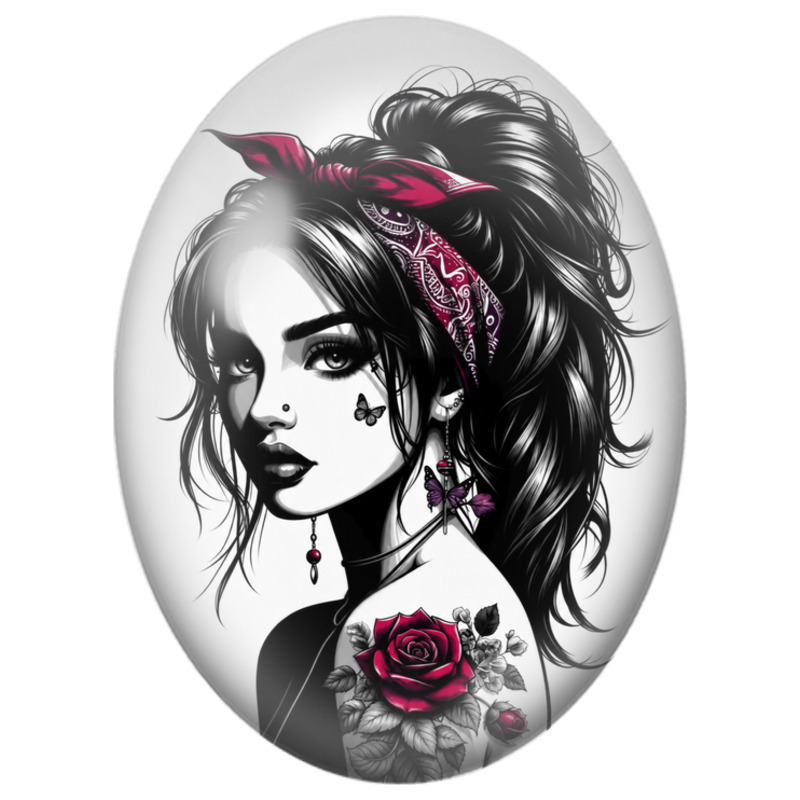 Cabochon en Verre Illustré Femme Rock au Bandana et Rose Rouge 13x18, 18x25 ou 30x40mm