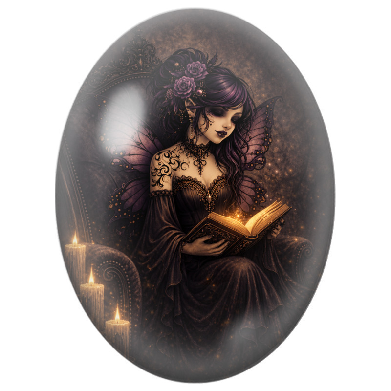 Cabochon en Verre Illustré Fée Gothique Lisant un Grimoire 13x18, 18x25 ou 30x40mm