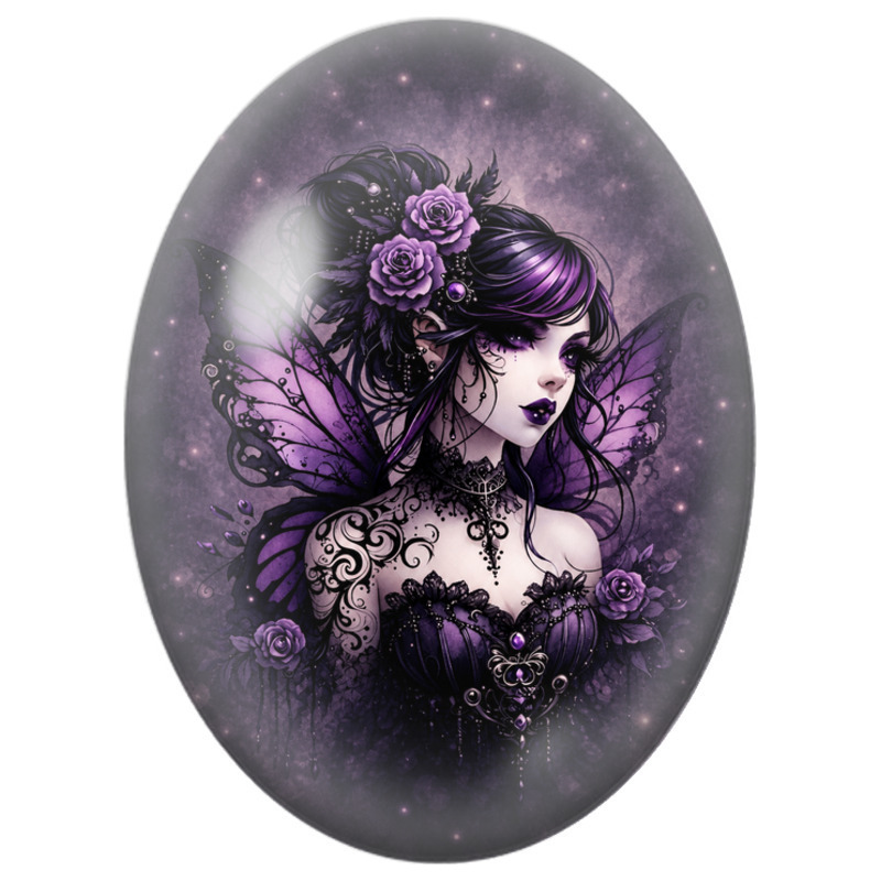 Cabochon en Verre Illustré Fée Gothique aux Roses et Ailes Violettes 13x18, 18x25 ou 30x40mm