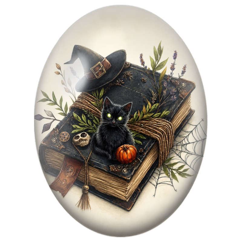 Cabochon en Verre Illustré Chat Noir sur Grimoire et Citrouille 13x18, 18x25 ou 30x40mm