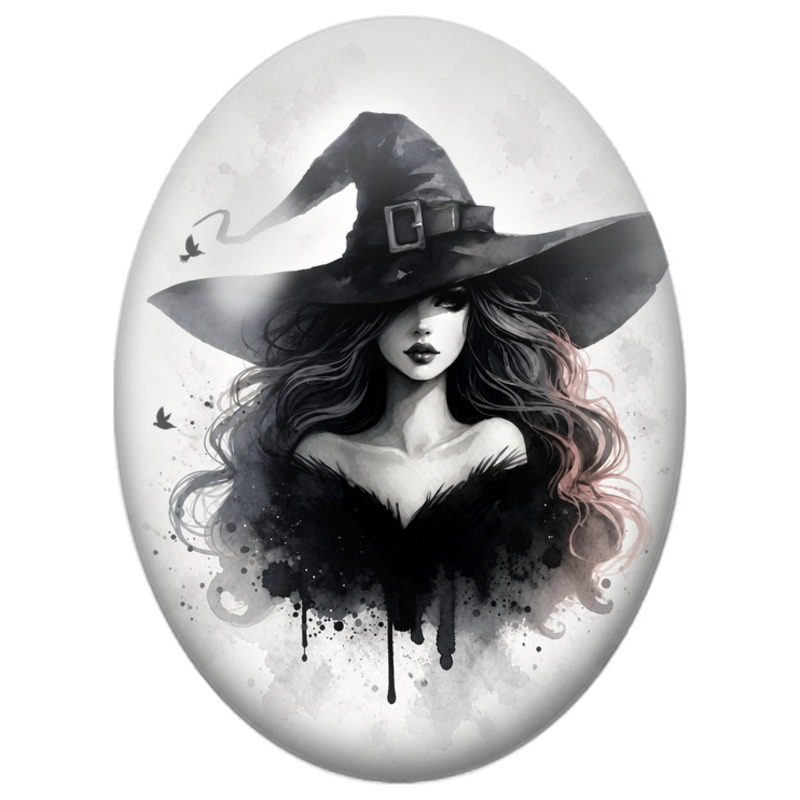 Cabochon en Verre Illustré Sorcière Noire en Aquarelle 13x18, 18x25 ou 30x40mm