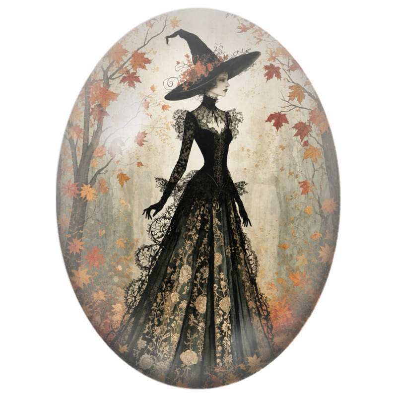 Cabochon en Verre Illustré Sorcière en Robe Noire dans la Forêt d’Automne 13x18, 18x25 ou 30x40mm