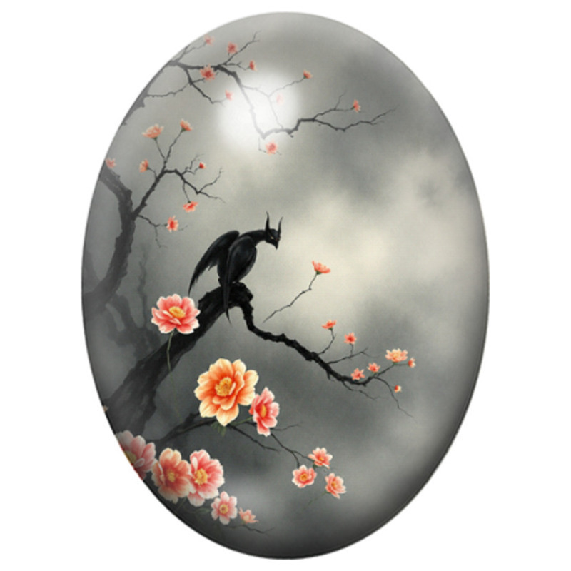Cabochon en Verre Illustré Corbeau sur Branche aux Fleurs Corail 13x18, 18x25 ou 30x40mm