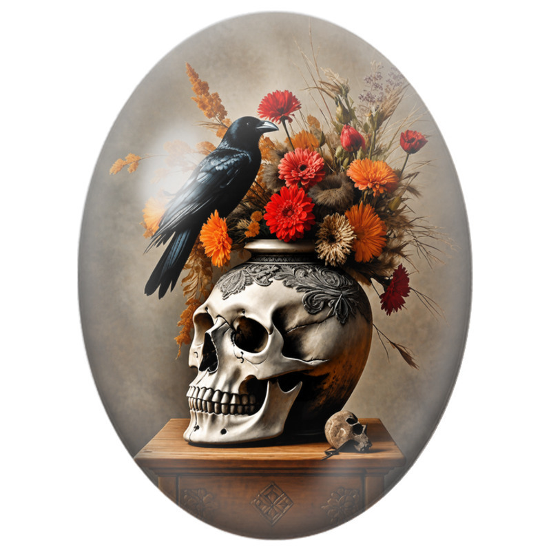 Cabochon en Verre Illustré Crâne Fleuri au Corbeau 13x18, 18x25 ou 30x40mm