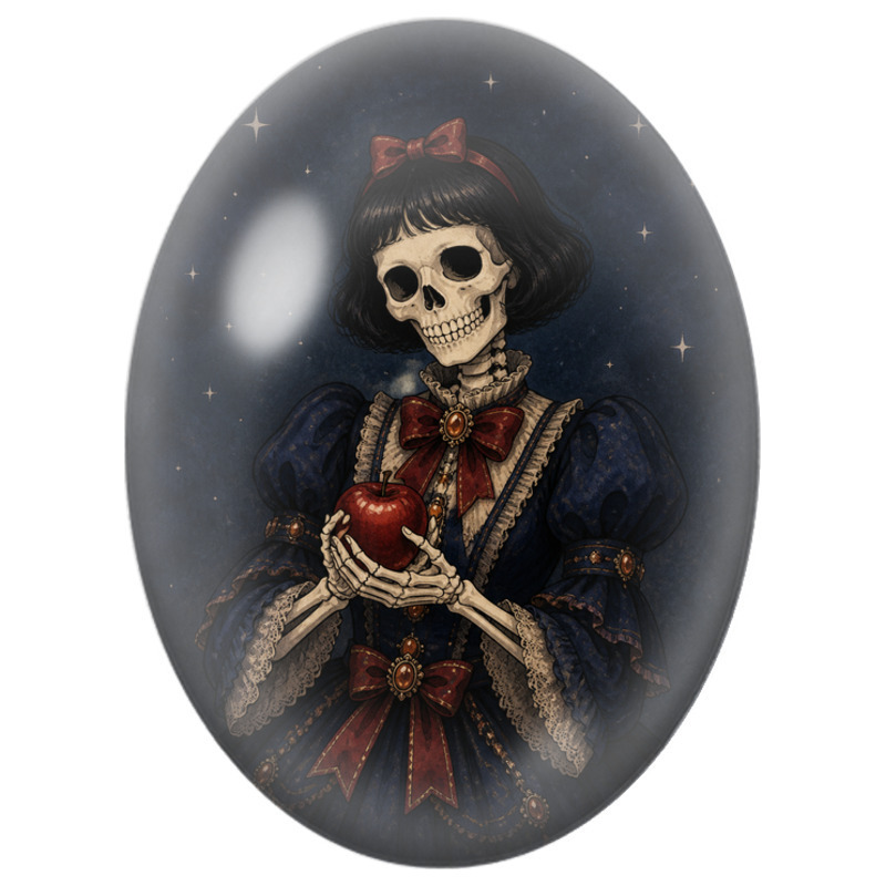 Cabochon en Verre Illustré Squelette de Princesse à la Pomme Rouge 13x18, 18x25 ou 30x40mm