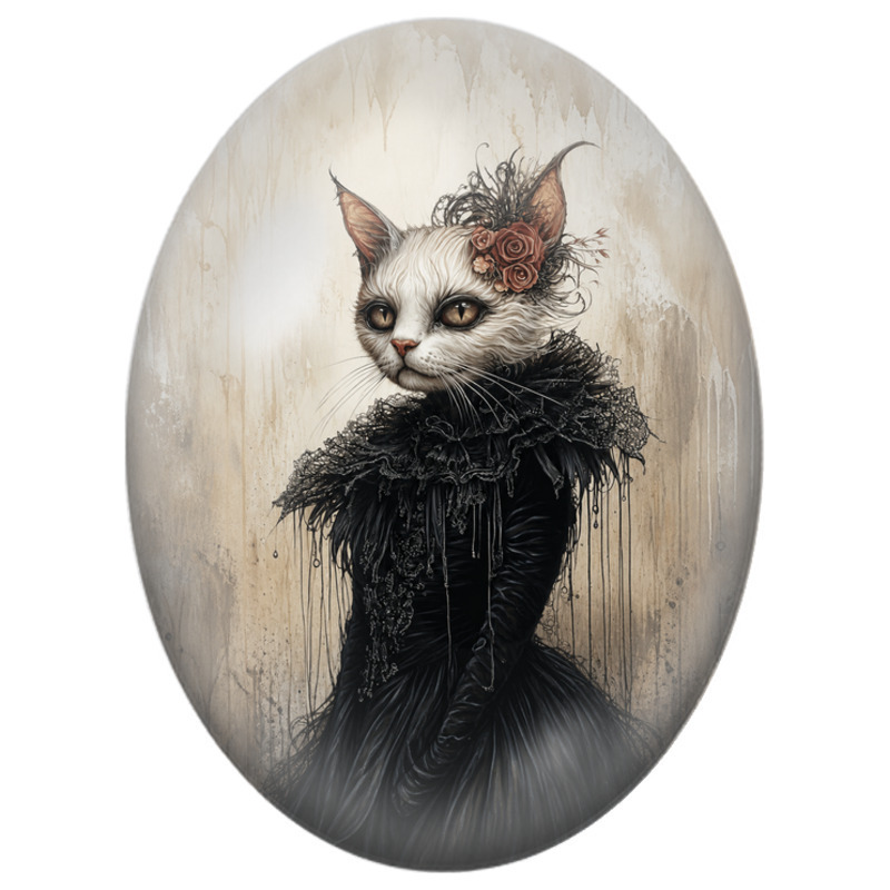 Cabochon en Verre Illustré Chat Blanc en Robe Gothique 13x18, 18x25 ou 30x40mm