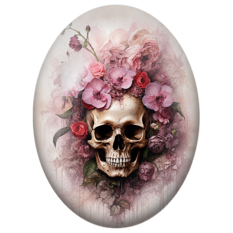 Cabochon en Verre Illustré Crâne aux Orchidées et Roses Roses 13x18, 18x25 ou 30x40mm