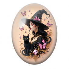 Cabochon en Verre Illustré Sorcière au Chat Noir et Diamants Roses pour la Création de Bijoux Fantaisie - DIY