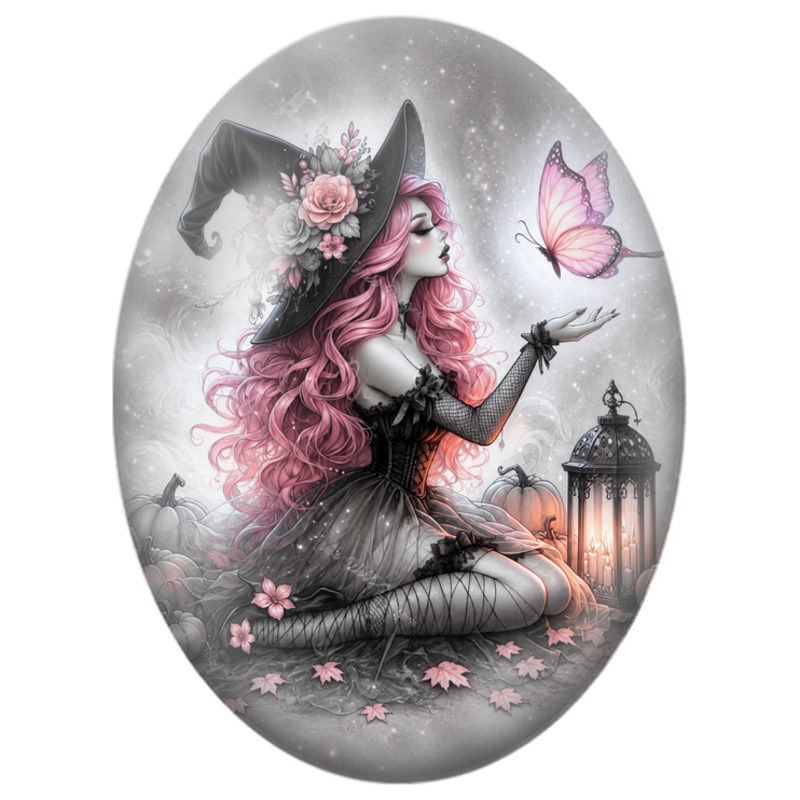 Cabochon en Verre Illustré Sorcière Rose au Papillon Lumineux 13x18, 18x25 ou 30x40mm