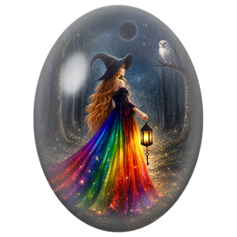Cabochon en Verre Illustré Sorcière à la Robe Arc-en-Ciel et Chouette 13x18, 18x25 ou 30x40mm
