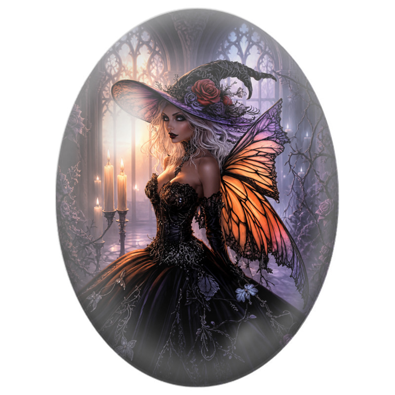Cabochon en Verre Illustré Fée Sorcière aux Ailes Orange et Roses 13x18, 18x25 ou 30x40mm