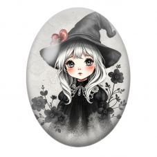 Cabochon en Verre Illustré Petite Sorcière aux Fleurs Noires et Cheveux Blancs pour la Création de Bijoux Fantaisie - DIY