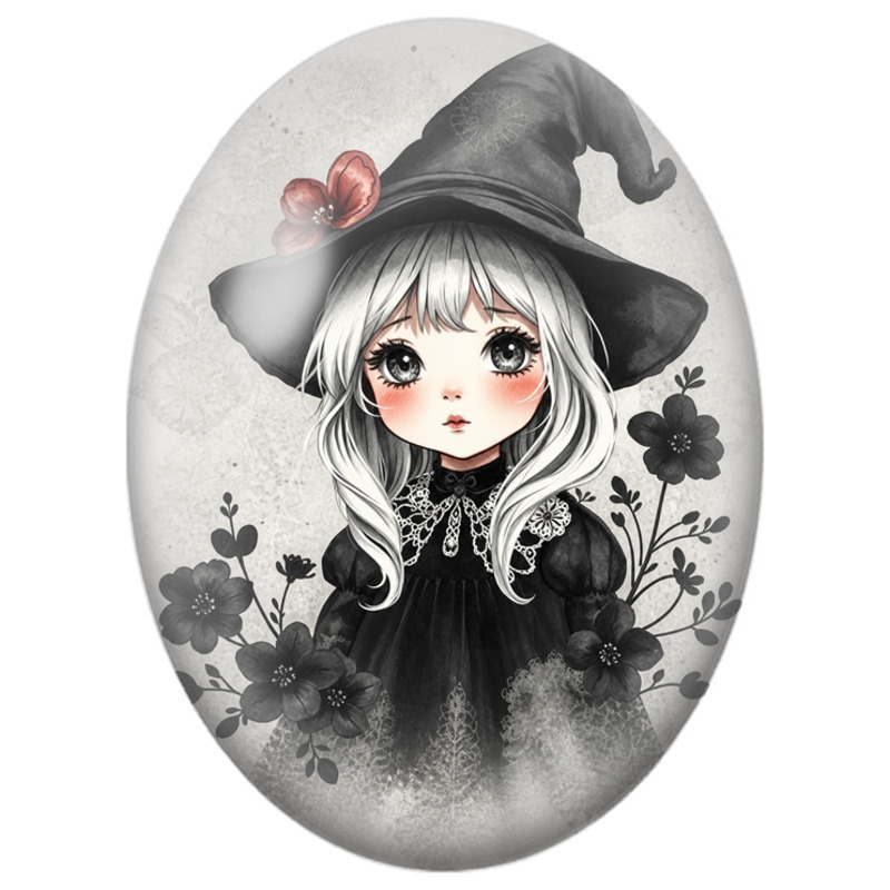 Cabochon en Verre Illustré Petite Sorcière aux Fleurs Noires et Cheveux Blancs 13x18, 18x25 ou 30x40mm