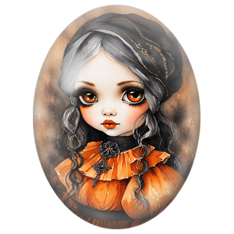 Cabochon en Verre Illustré Poupée Gothique en Robe Orange 13x18, 18x25 ou 30x40mm